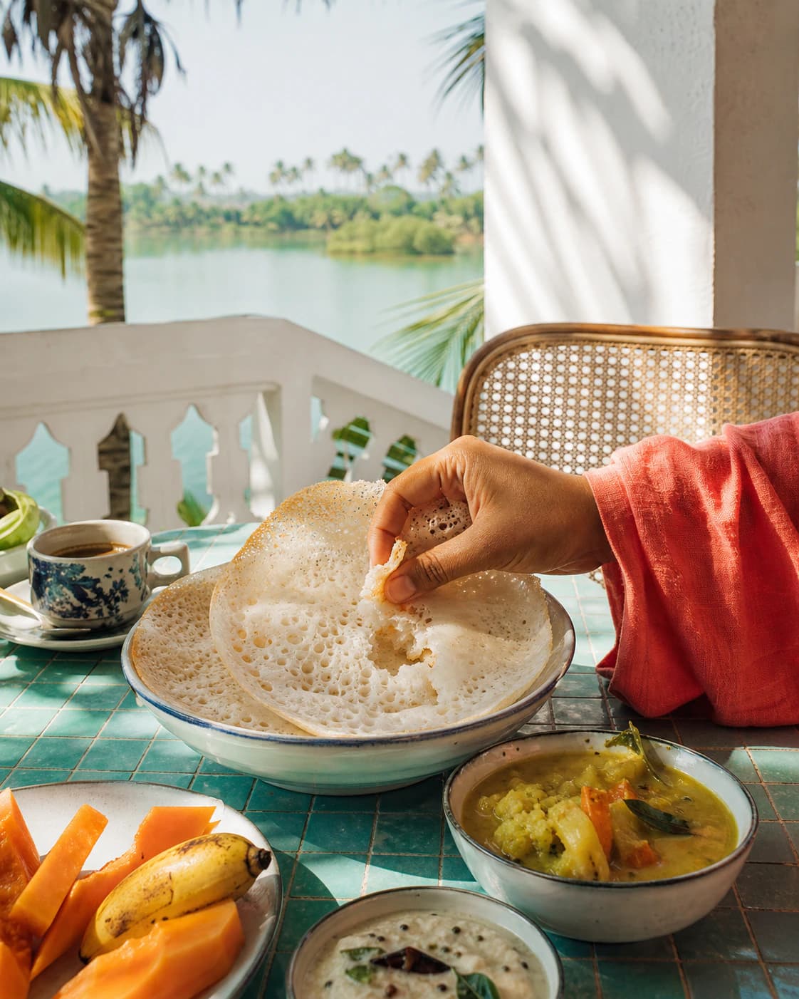 Appam and vegetable stew served on a sunny balcony overlooking Kerala backwaters