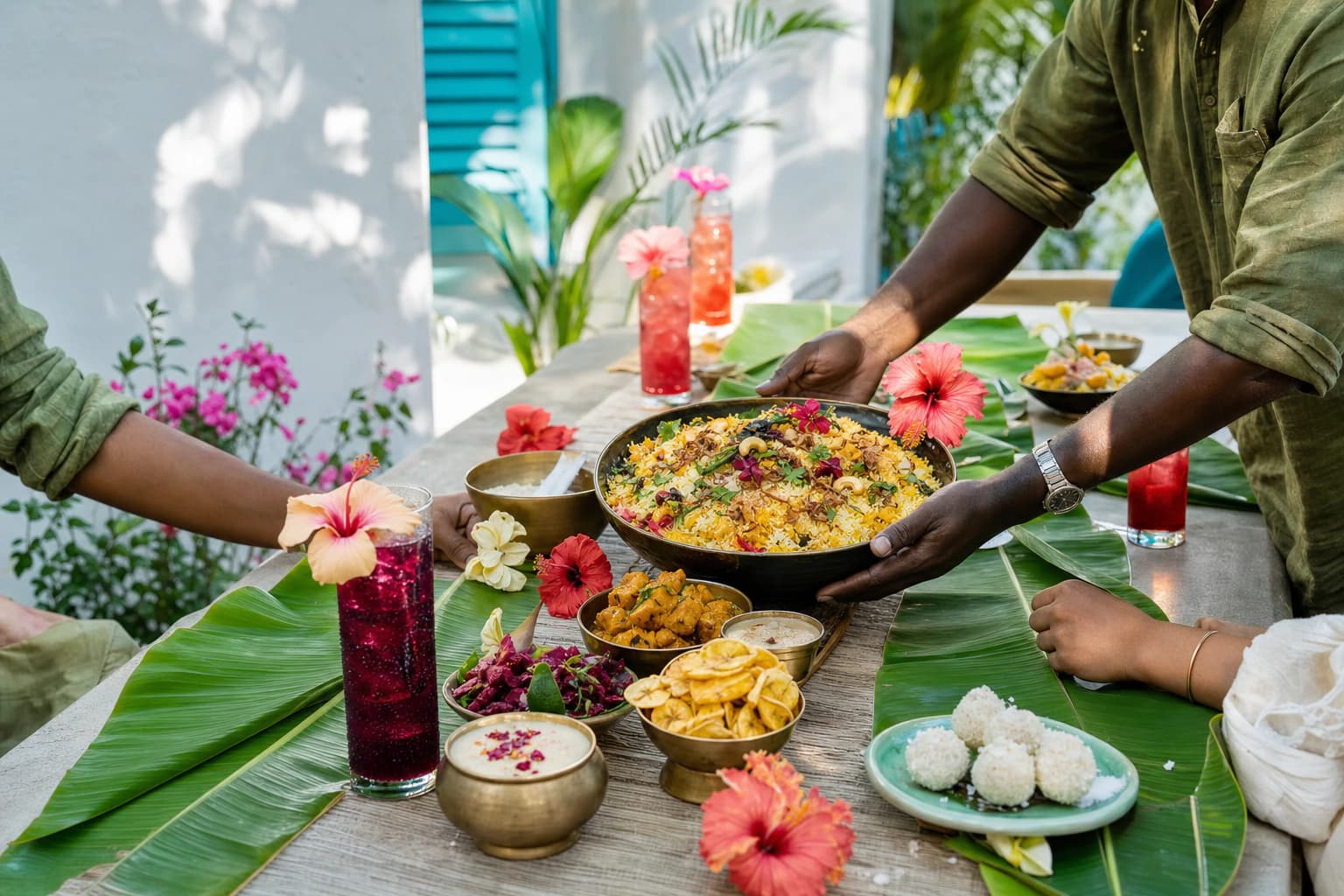 A vivid Kerala celebration table in a sunny courtyard with banana leaves and hibiscus drinks