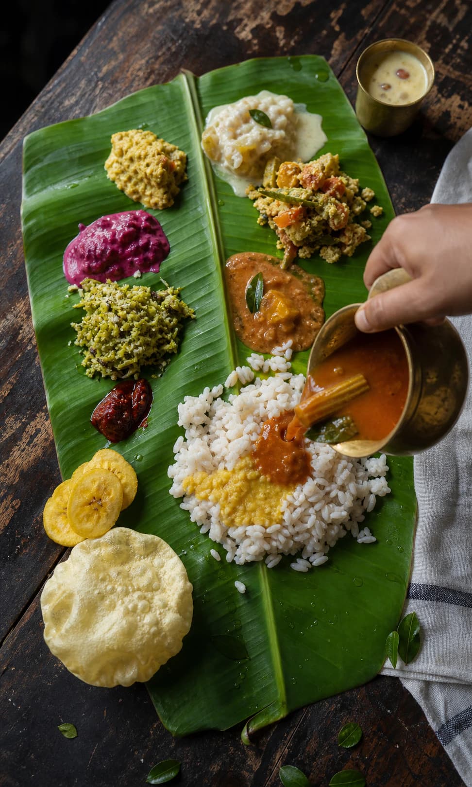 Sambar being poured over a colourful Kerala sadya on a banana leaf